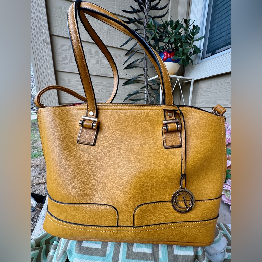Yellow Work Tote Laptop Bag Structured Satchel Purse Red Interior Carryall Trend